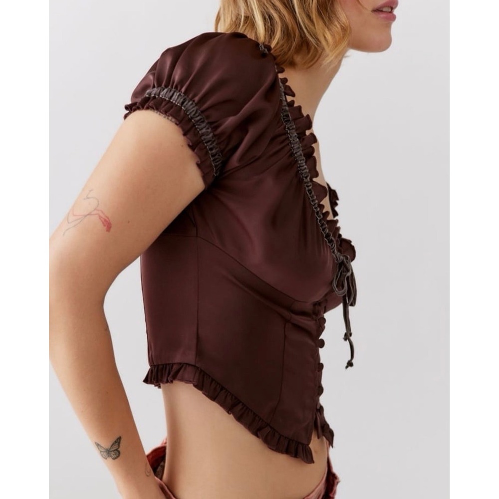 Urban Outfitters Brown Satin Milkmaid Corset Top Ruffle Puff Sleeve Sweetheart M - Picture 3 of 6